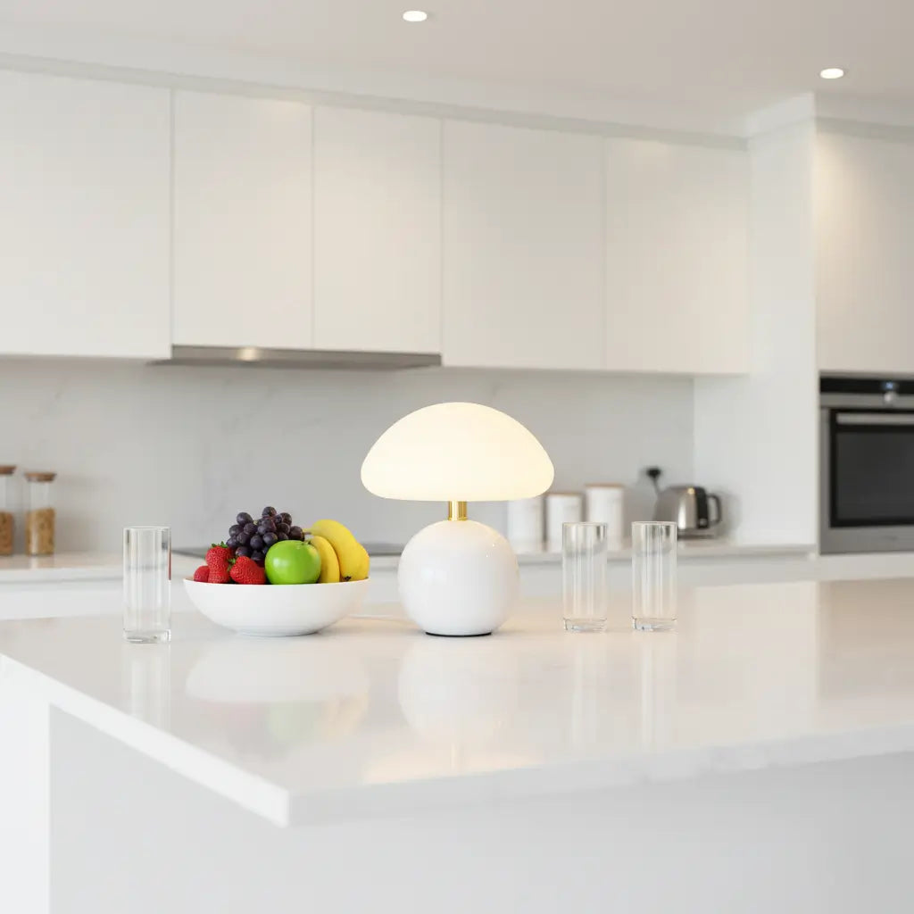 Abajur de cerâmica branco em uma cozinha minimalista, sobre uma bancada de mármore branco. A luminária de mesa cogumelo é um ponto de design funcional que adiciona estilo ao ambiente