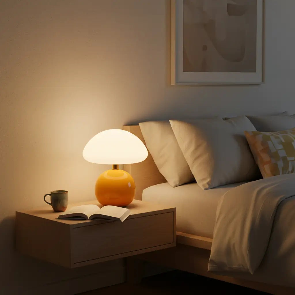 Abajur de quarto laranja cogumelo sobre mesa de cabeceira de madeira clara, iluminando um livro e uma xícara em um quarto com iluminação suave e aconchegante à noite. Perfeito para um quarto moderno