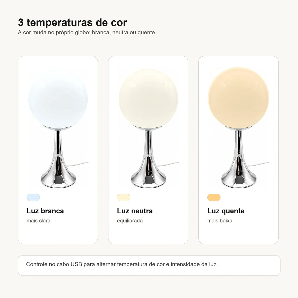 Três temperaturas de cor do Abajur Globo Eira com cor aplicada no próprio globo