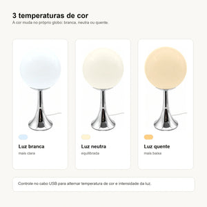 Três temperaturas de cor do Abajur Globo Eira com cor aplicada no próprio globo