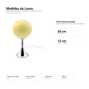 Medidas do Abajur Globo Luma em fundo branco com 26 cm de altura e globo de 12 cm