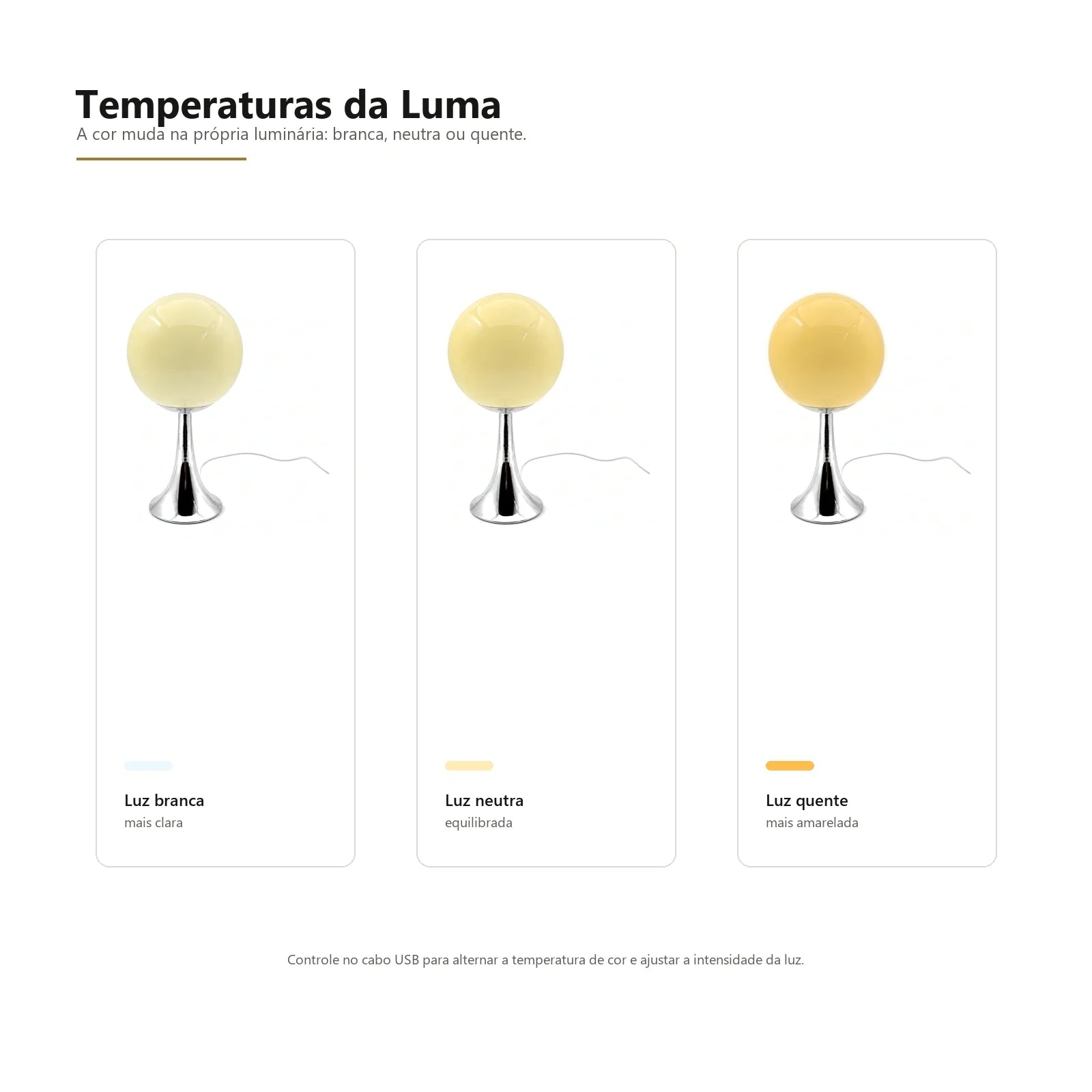 Temperaturas de cor do Abajur Globo Luma em fundo branco