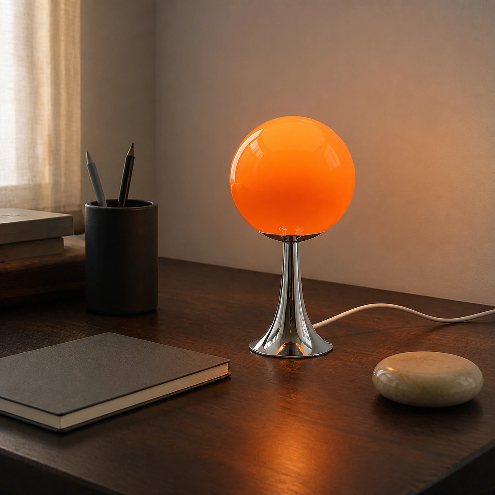 Abajur Globo Kora em mesa de trabalho com globo laranja, base cromada e fio claro visível