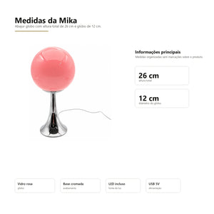 Medidas do Abajur Globo Mika em fundo branco com 26 cm de altura e globo de 12 cm