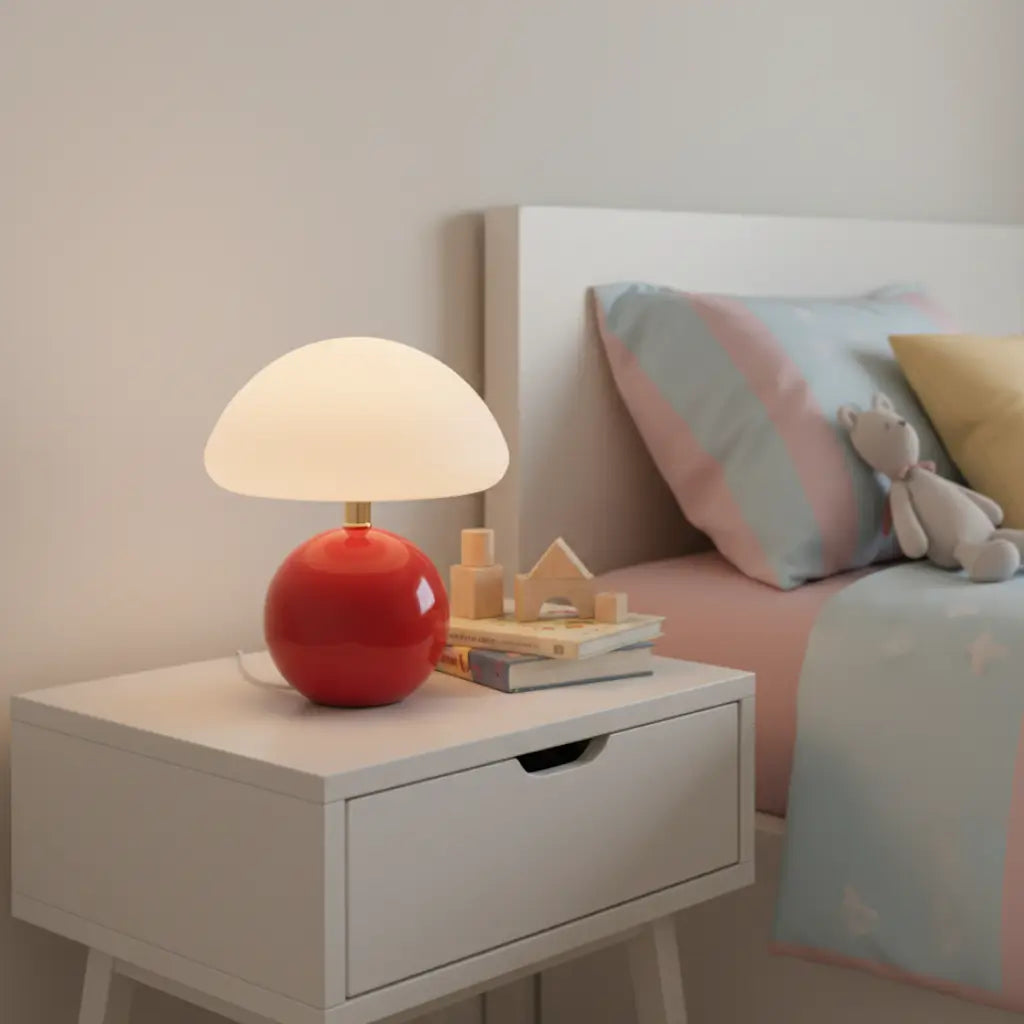 Abajur infantil em formato cogumelo vermelho com base de cerâmica no criado-mudo
