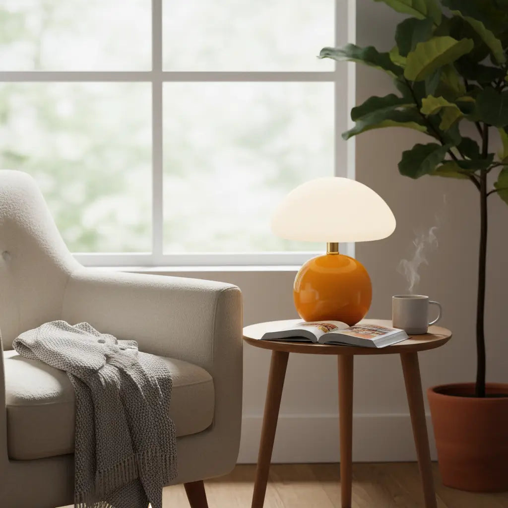 Abajur laranja cogumelo iluminando um aconchegante canto de leitura com poltrona clara, manta e livro. A luminária de mesa cria uma atmosfera relaxante e estilosa para momentos de paz