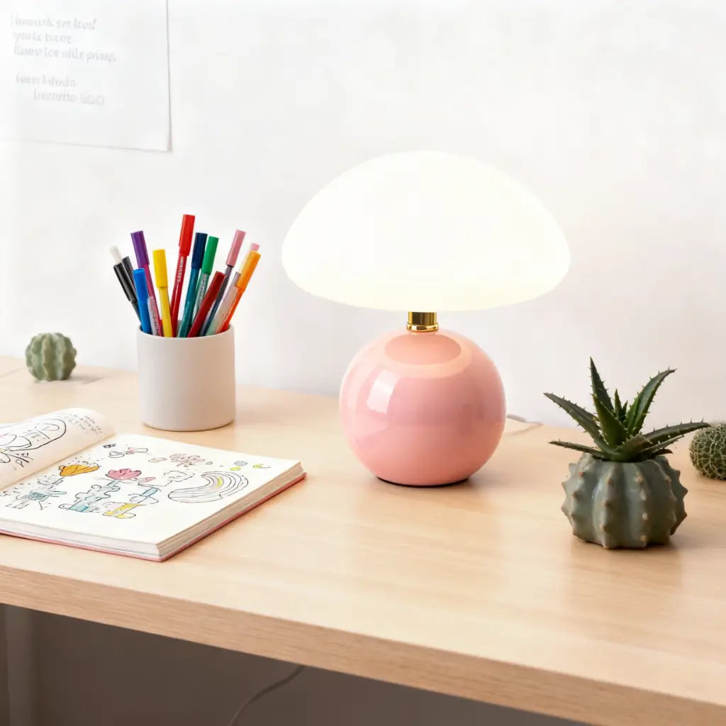 Abajur cogumelo rosa em uma escrivaninha de madeira, ao lado de lápis de cor e cactos. A luminária de mesa de cerâmica inspira criatividade e personalidade