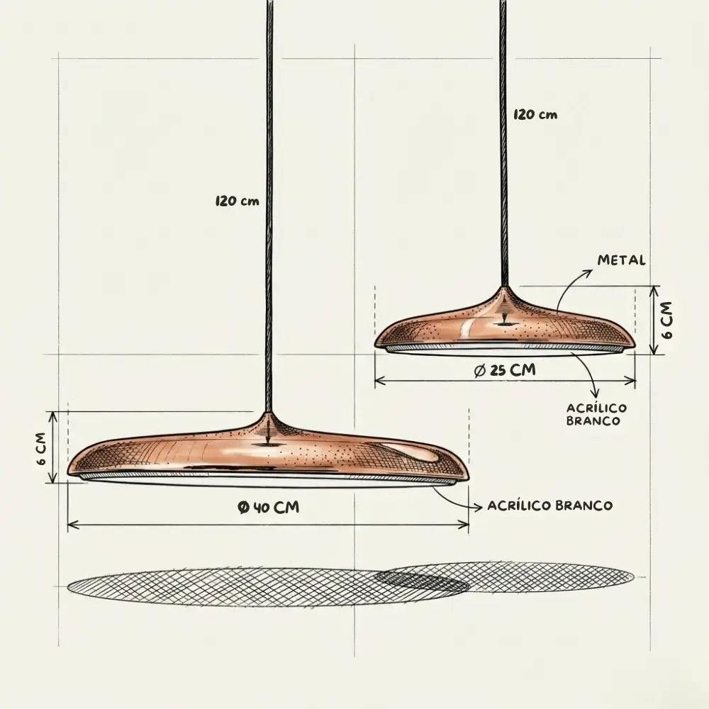Esquema técnico com as dimensões do Lustre Pendente Macaron: opções de diâmetro 25cm e 40cm, altura da cúpula de 6cm e cabo ajustável até 120cm