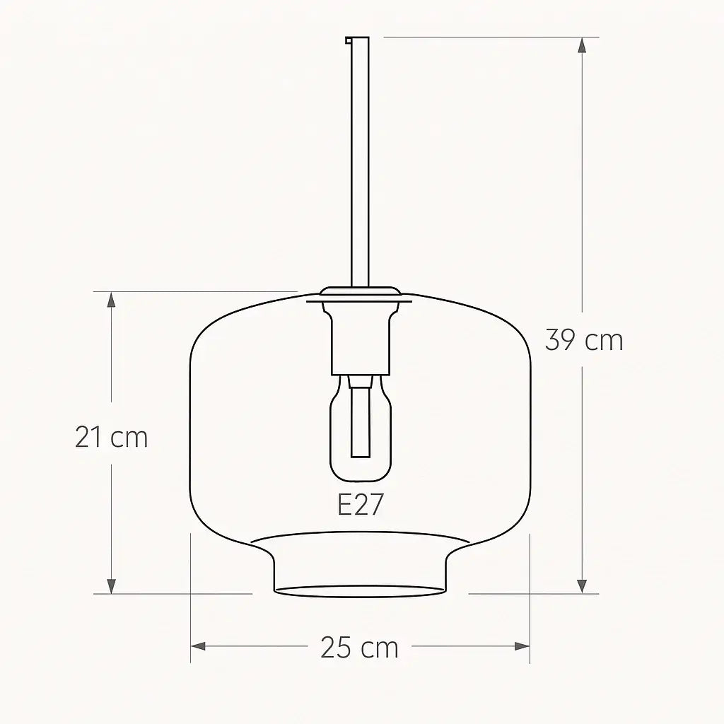 Desenho técnico do pendente Radiantbr Auro com medidas 25 cm de largura, 21 cm de altura do vidro e 39 cm de altura total