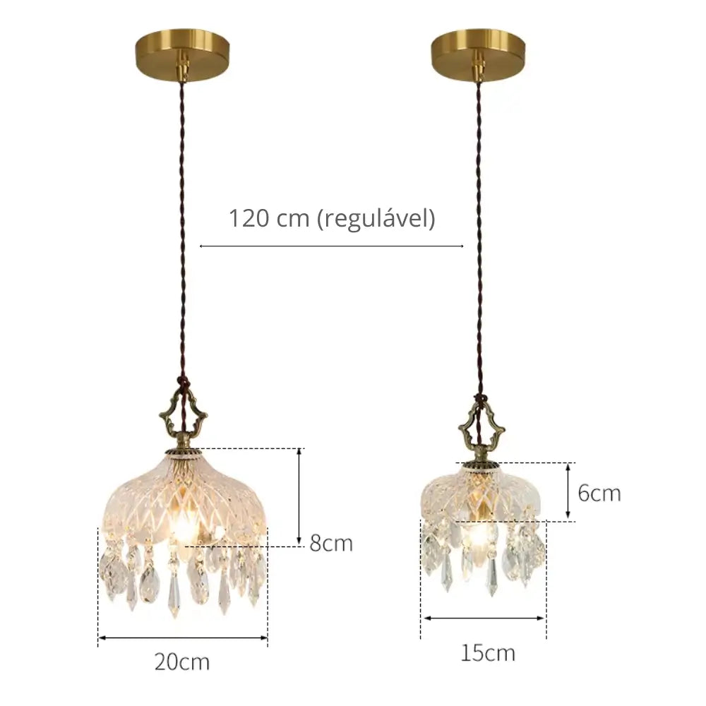 Infográfico com as dimensões exatas da luminária pendente de vidro facetado tipo cristal Marquise da Radiantbr, comparando os tamanhos de 15cm e 20cm de diâmetro e o cabo regulável de 120cm.