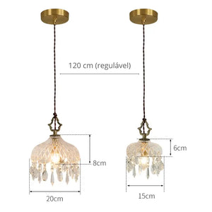 Infográfico com as dimensões exatas da luminária pendente de vidro facetado tipo cristal Marquise da Radiantbr, comparando os tamanhos de 15cm e 20cm de diâmetro e o cabo regulável de 120cm.