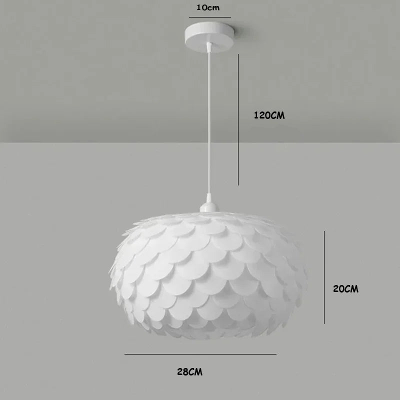 Esquema técnico com fundo cinza mostrando as dimensões da Luminária Pendente Pétala: cúpula de 28cm de diâmetro por 20cm de altura, canopla de 10cm e cabo ajustável de 120cm