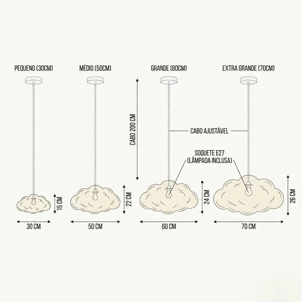 Guia comparativo de tamanhos da Luminária Pendente Nuvem Nimbus (30cm, 50cm, 60cm, 70cm) para ajudar na escolha da decoração do quarto.