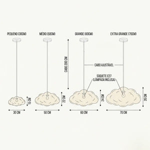 Guia comparativo de tamanhos da Luminária Pendente Nuvem Nimbus (30cm, 50cm, 60cm, 70cm) para ajudar na escolha da decoração do quarto.
