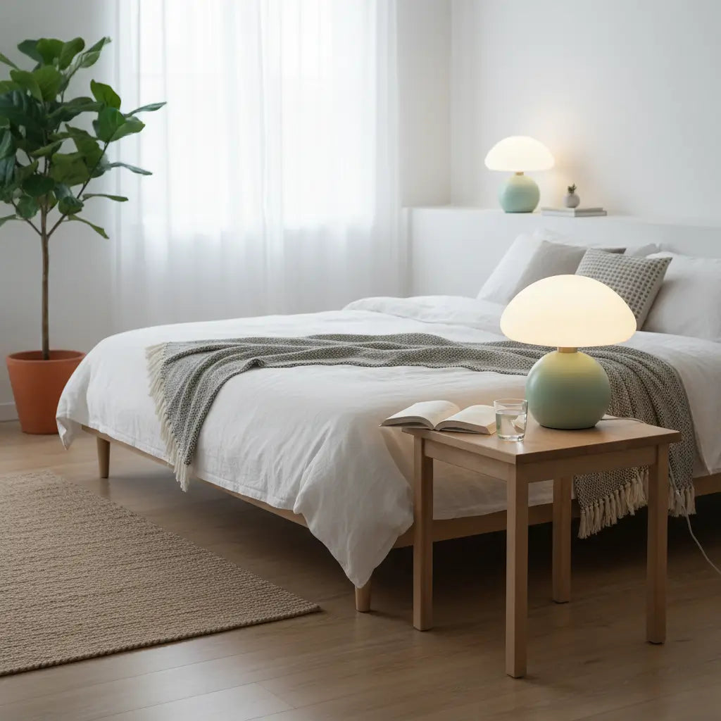 Abajur verde menta em um quarto com design minimalista escandinavo. A luminária de mesa de cerâmica cria uma atmosfera serena para relaxar