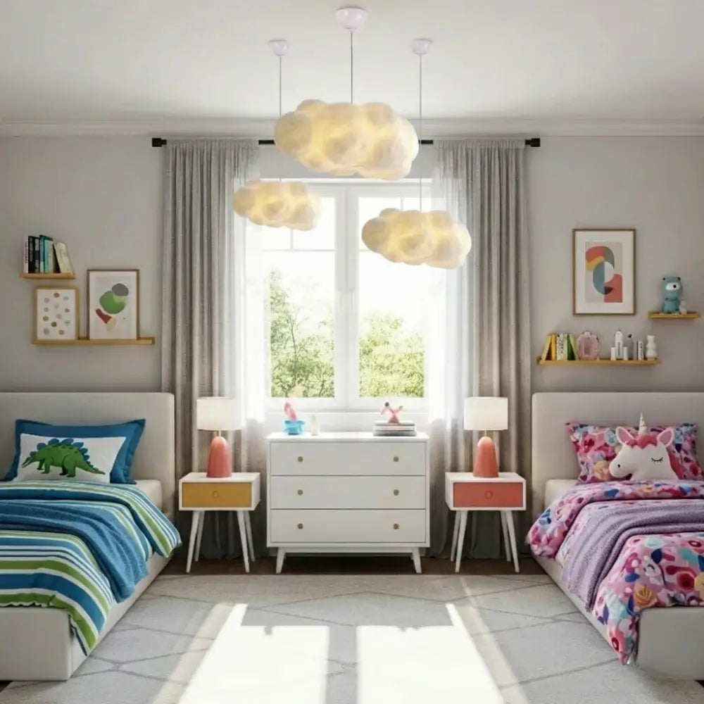 Composição com três luminárias pendente nuvem instaladas em alturas diferentes em quarto compartilhado de irmãos ou gêmeos