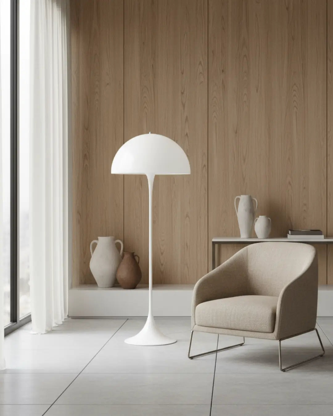 Luminária de chão moderna branca com design minimalista em formato de cogumelo invertido, ao lado de uma poltrona aconchegante. O ambiente com painel de madeira e piso de cimento queimado valoriza a estética limpa e funcional da luminária