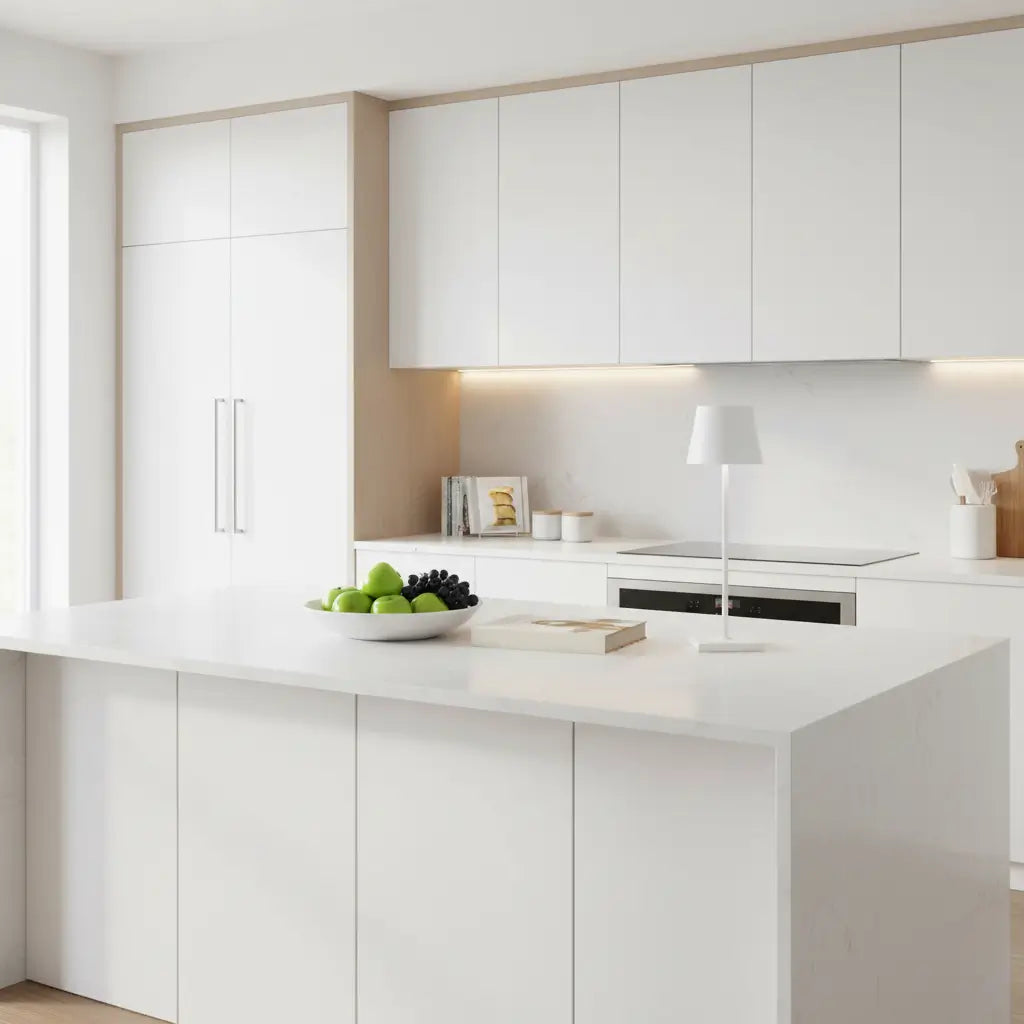 Luminária de mesa branca em uma cozinha minimalista, sobre uma bancada de mármore branco. A luminária sem fio é ideal para iluminar tarefas e criar um ambiente moderno e funcional