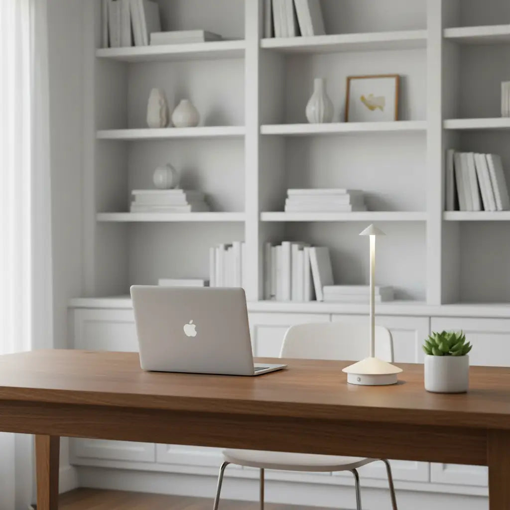 Luminária de mesa branca em um home office organizado com mesa de madeira e estante branca, com um laptop e uma planta, promovendo clareza e foco