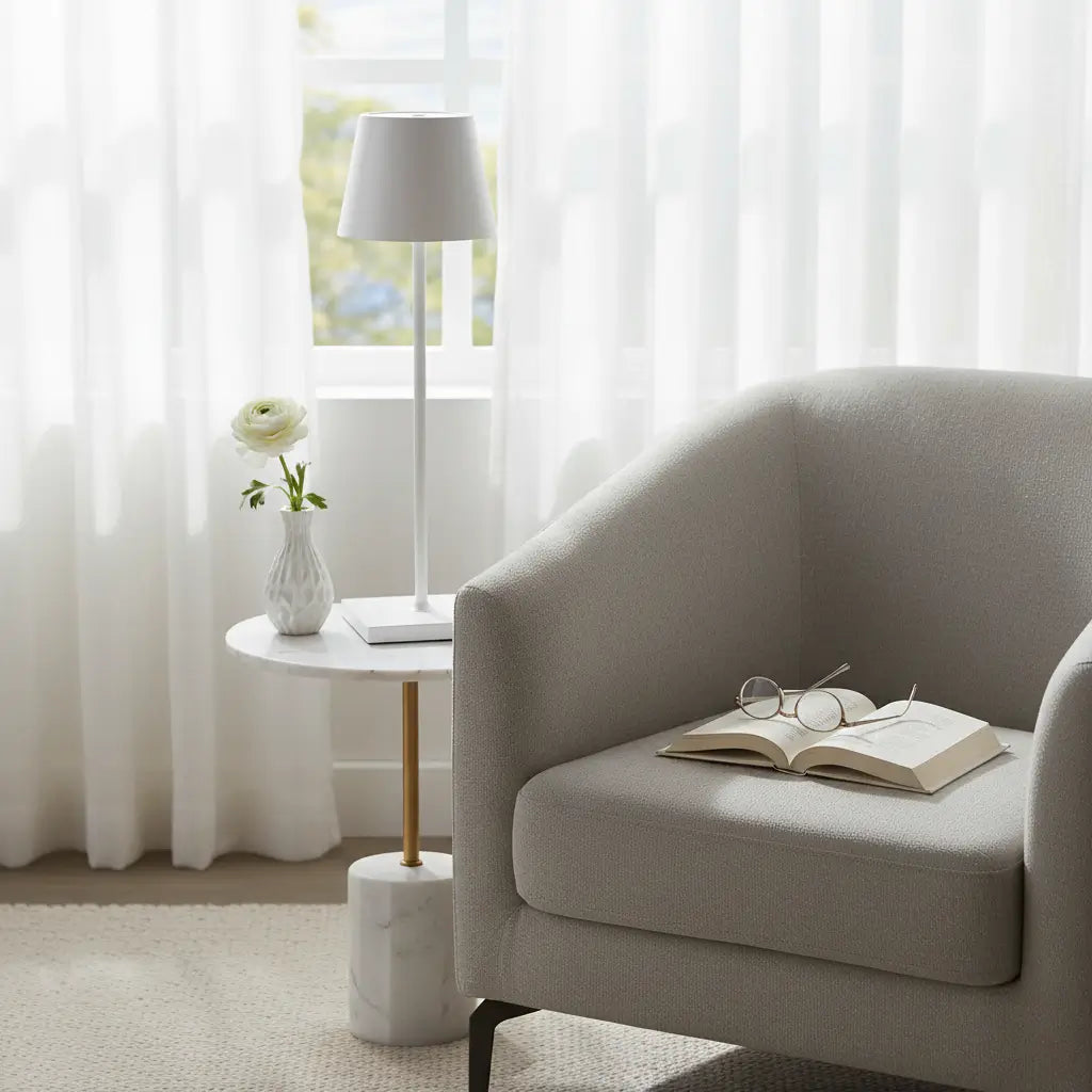 Luminária de mesa branca em um cantinho de leitura, sobre uma mesa de mármore. A luz suave cria um ambiente tranquilo e ideal para ler e relaxar