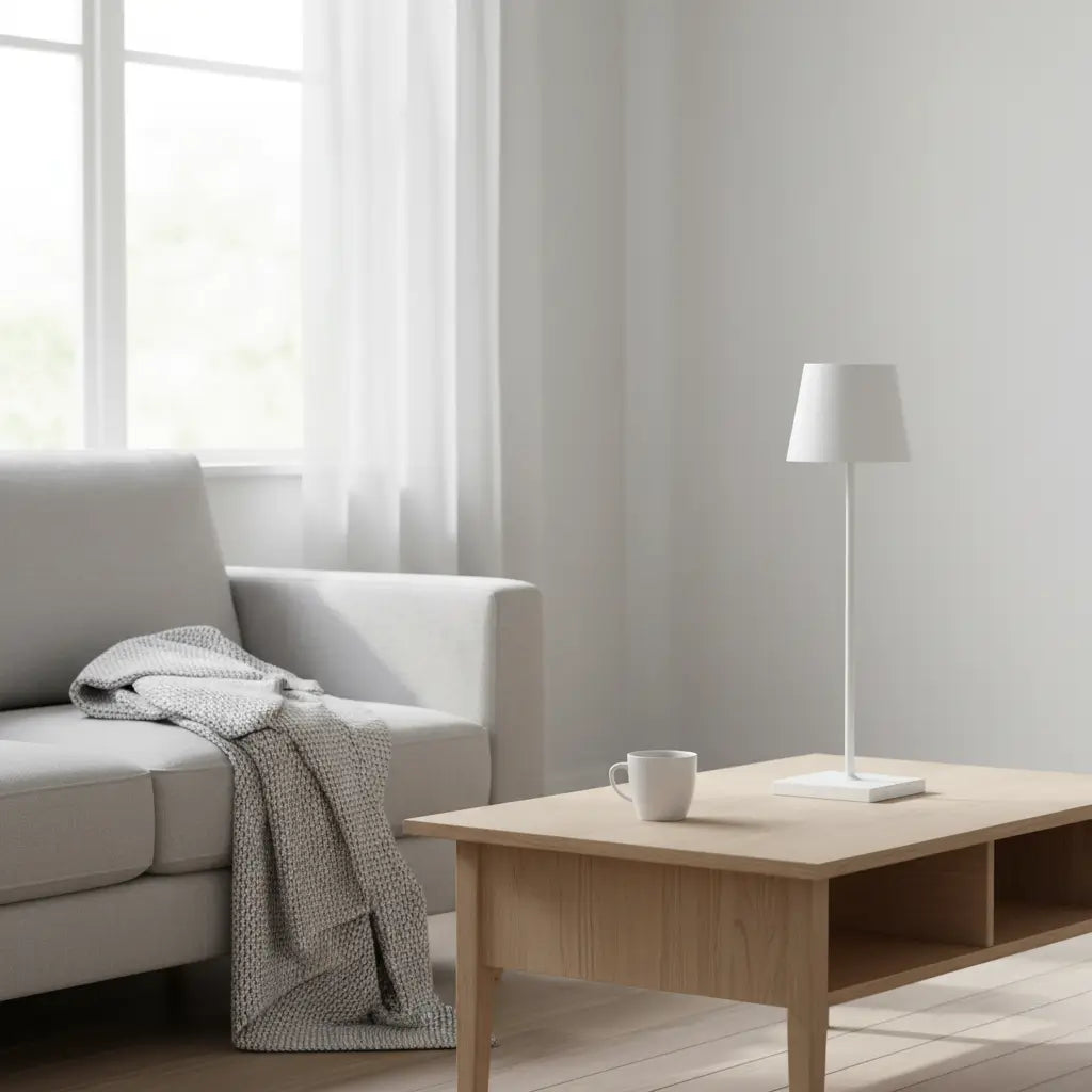 Luminária de mesa branca em uma sala de estar com estética escandinava. A luminária portátil e recarregável está sobre uma mesa de madeira clara, ao lado de um sofá cinza com manta de tricô