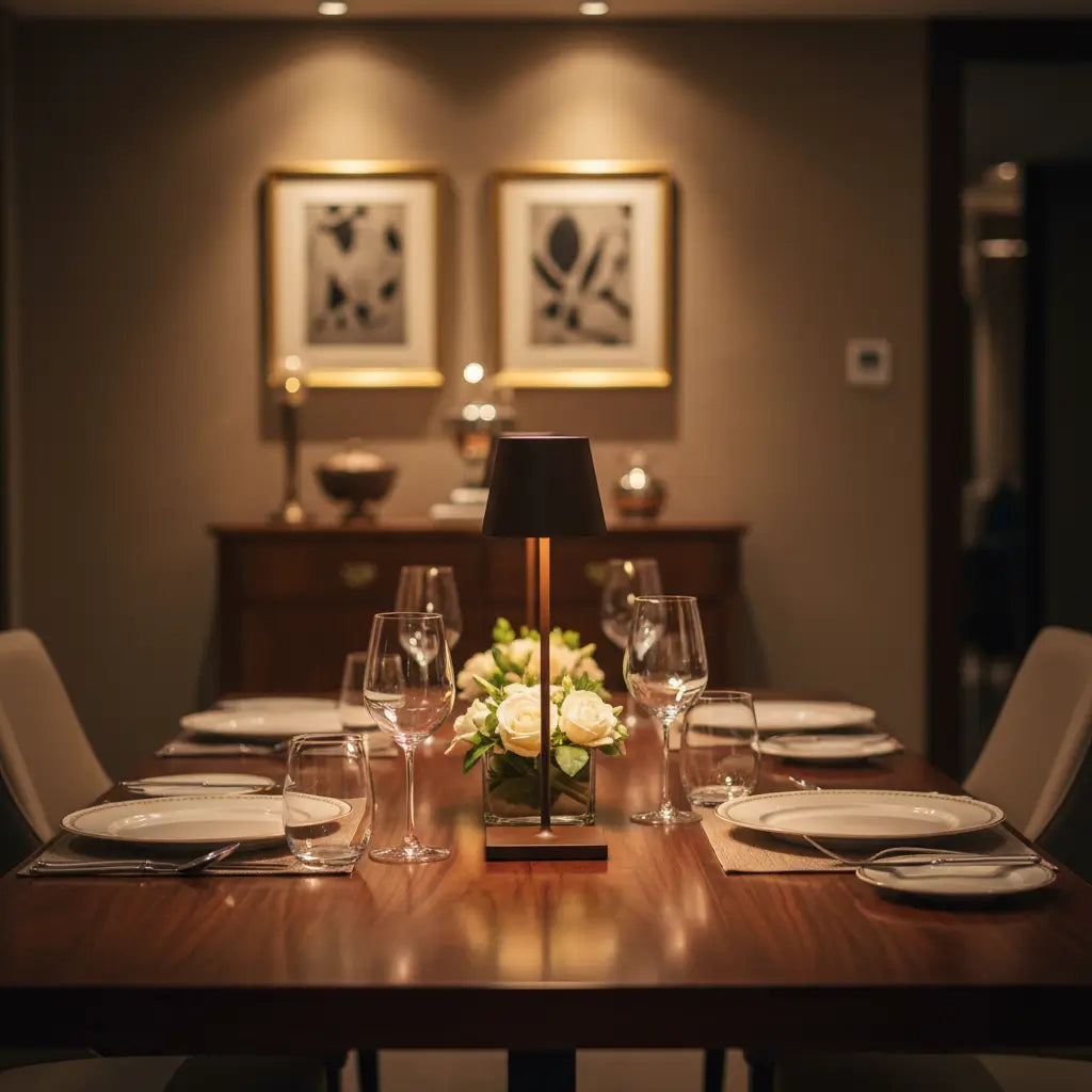 Luminária de mesa de design marrom no centro de uma mesa de jantar, criando uma atmosfera íntima e sofisticada. A luminária portátil é perfeita para refeições especiais