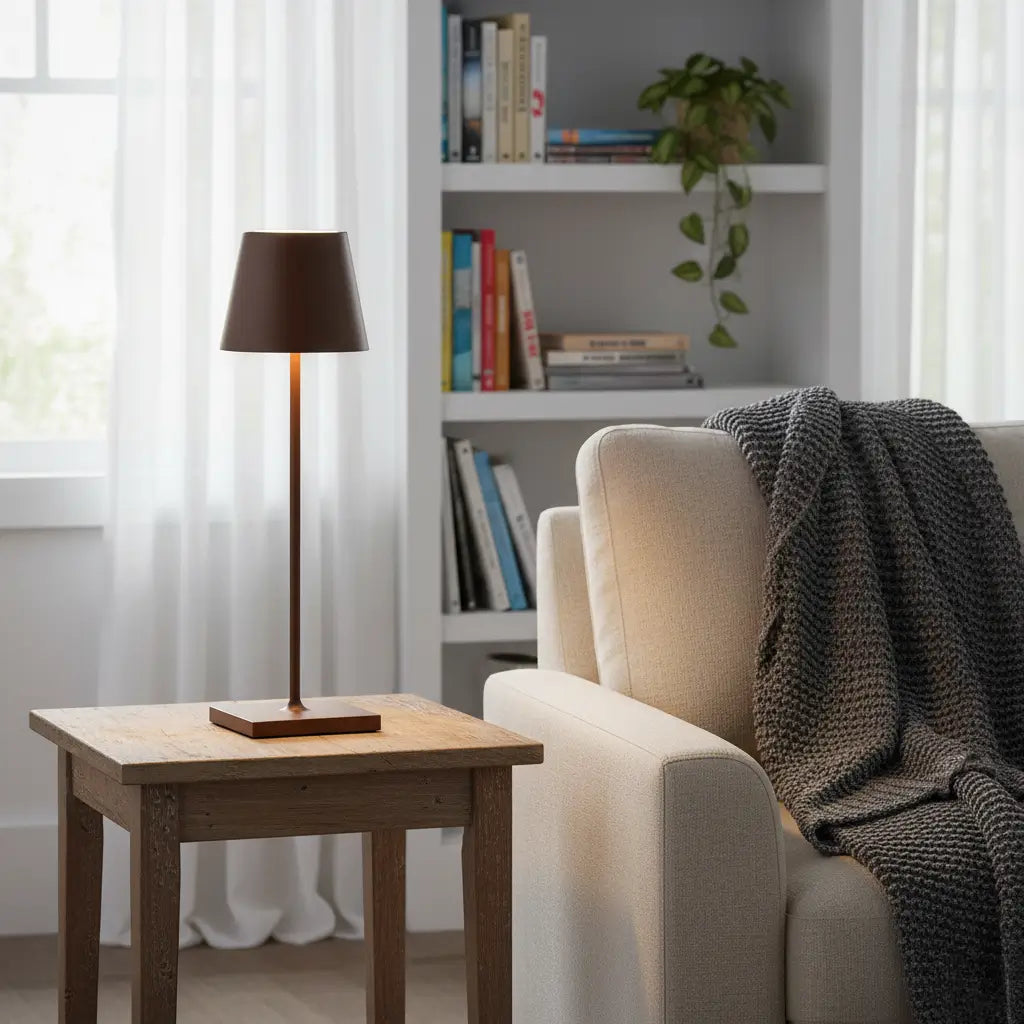 Luminária de mesa de design marrom em uma sala de estar aconchegante. A iluminação portátil e recarregável é perfeita para um canto de leitura confortável