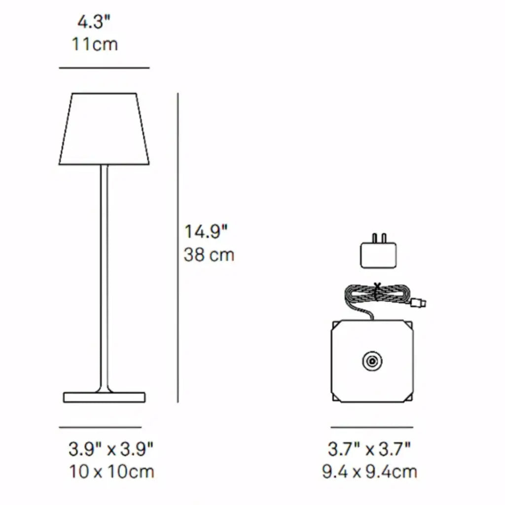Desenho técnico da luminária de mesa de design, com as dimensões de 38 cm de altura e 10 cm de base, mostrando a proporção do produto
