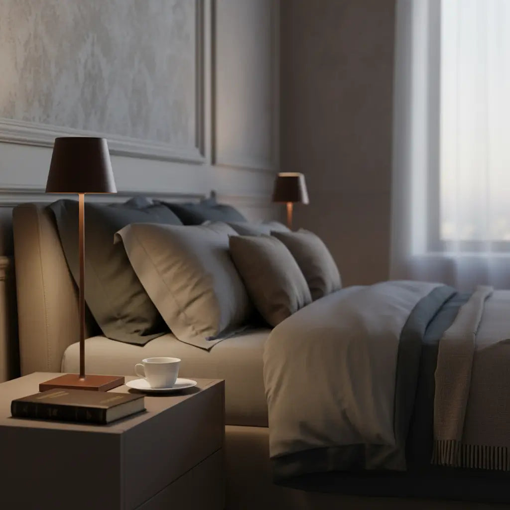 Luminária de mesa de design marrom em uma suíte de luxo. A luminária LED recarregável cria um ambiente de conforto e sofisticação na mesa de cabeceira