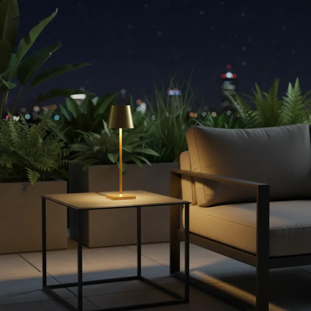 Luminária de mesa dourada em uma varanda ou terraço à noite, com luz suave e plantas ao fundo, mostrando sua autonomia de bateria de até 24h em ambientes externos