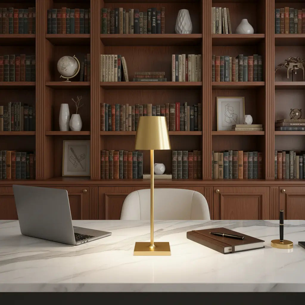 Luminária de mesa dourada em um escritório de luxo com mesa de mármore e estante de livros. A luminária LED portátil é ideal para um ambiente de trabalho sofisticado