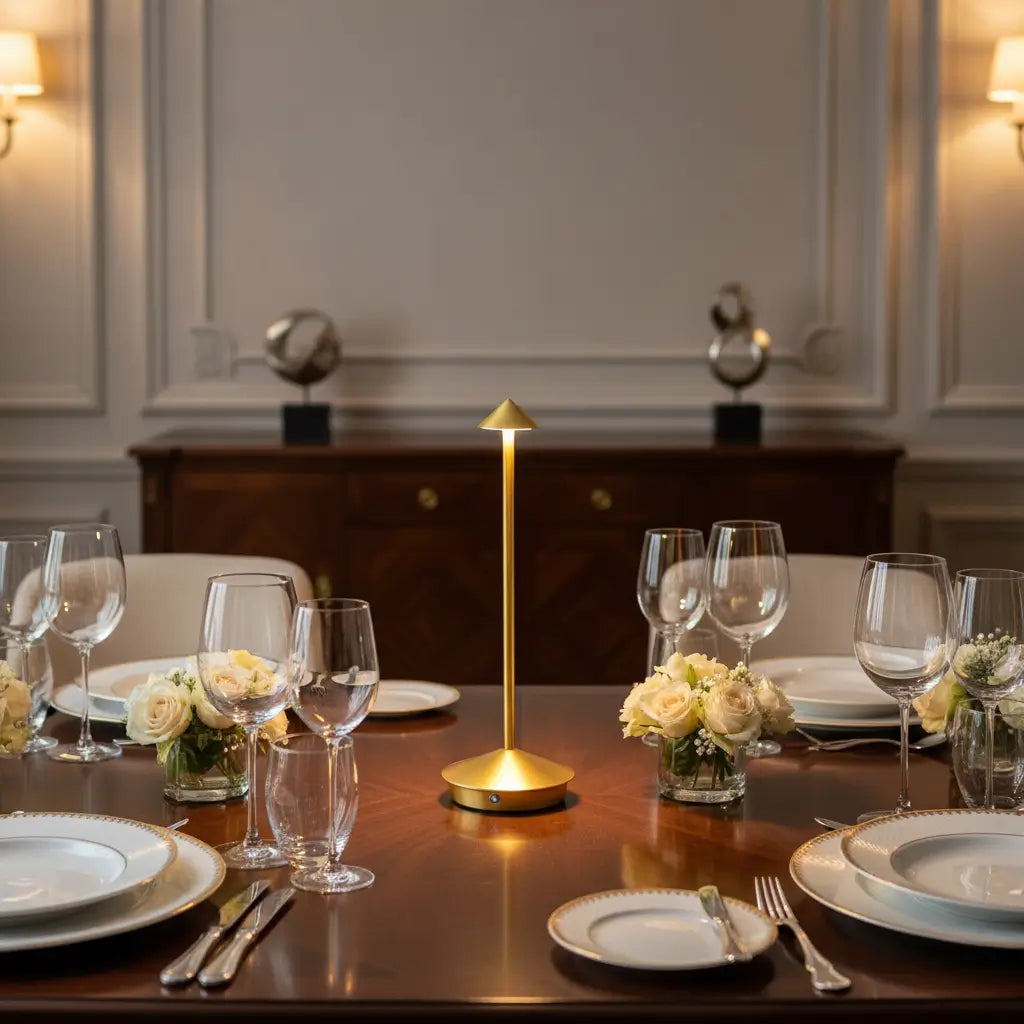 Luminária de mesa dourada como peça central de uma mesa de jantar elegante, com louças finas e taças de cristal, criando uma atmosfera de celebração