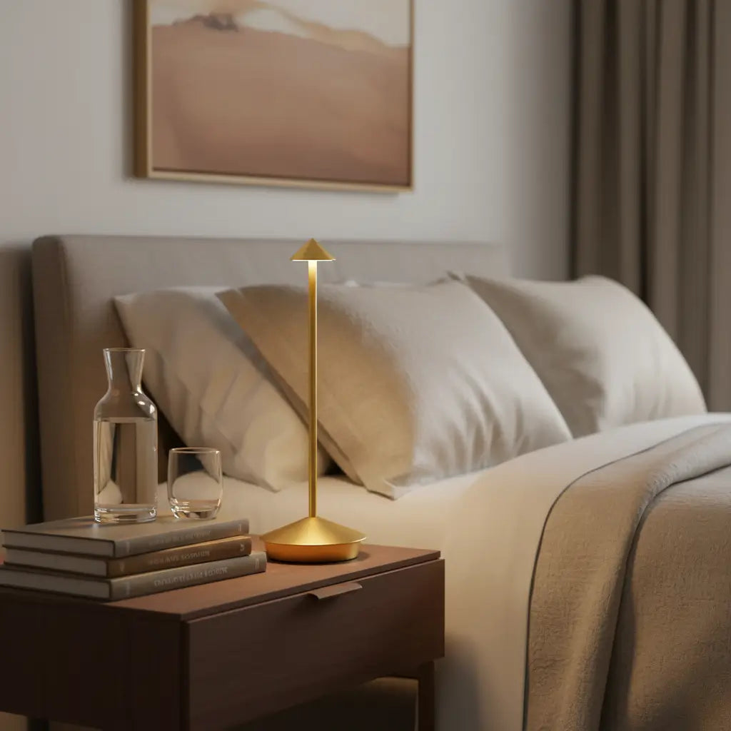 Luminária de mesa portátil dourada sobre uma mesa de cabeceira em um quarto de luxo, ao lado de livros e uma jarra de vidro, ideal para leitura e relaxamento
