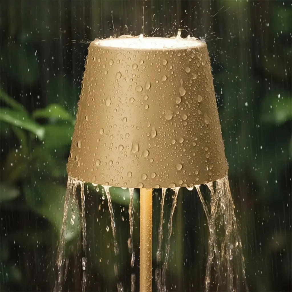 Luminária de mesa dourada sendo usada em um ambiente externo sob chuva leve, demonstrando sua resistência à água e durabilidade