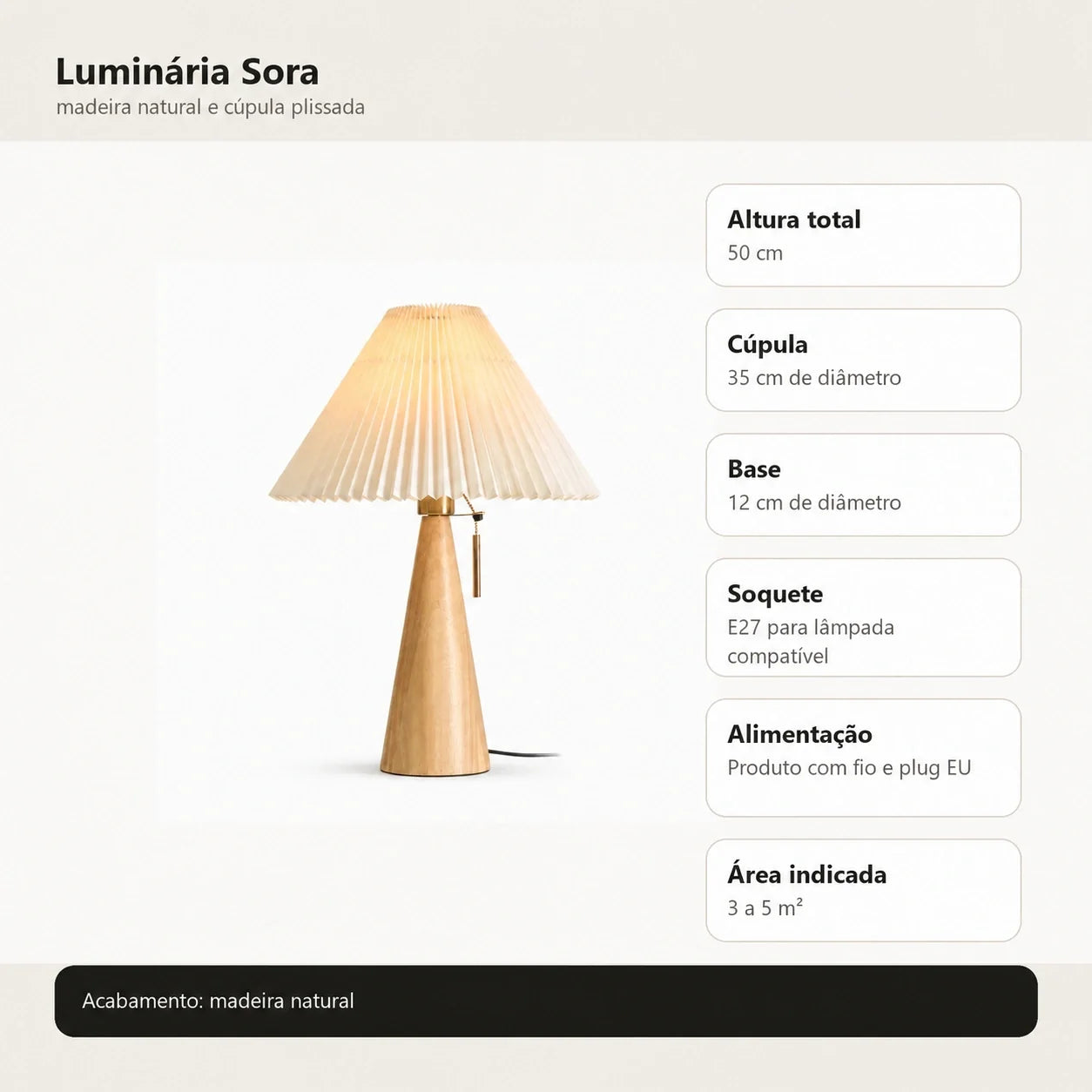 Imagem técnica da luminária de mesa Sora com altura 50 cm, cúpula 35 cm e base 12 cm