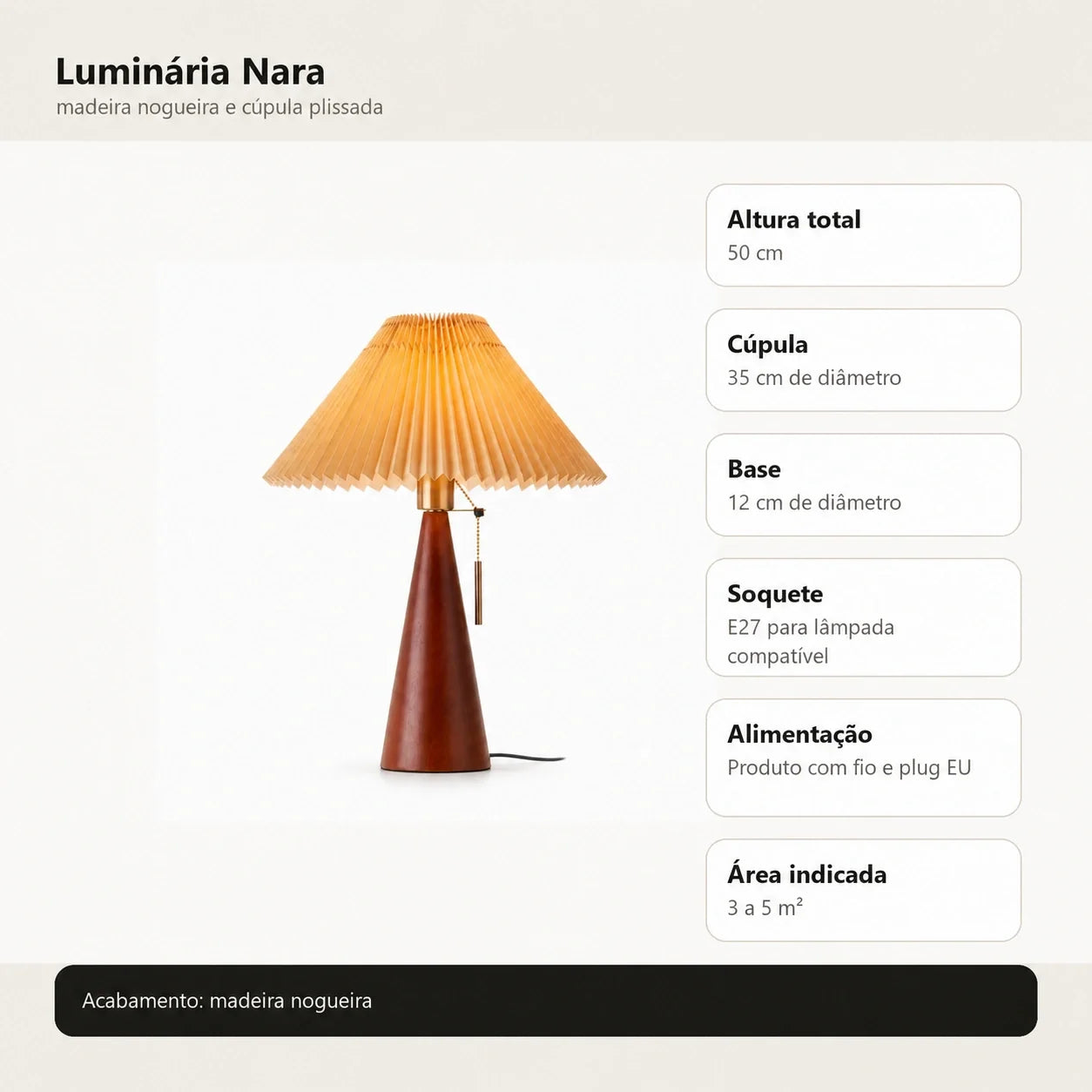 Imagem técnica da luminária de mesa Nara com altura 50 cm, cúpula 35 cm e base 12 cm