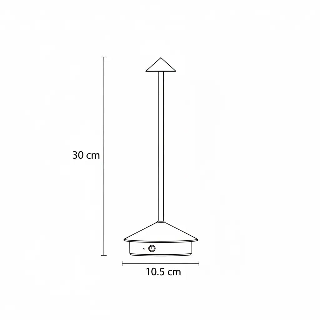 Desenho técnico da luminária de mesa portátil sem fio, mostrando as medidas de 30 cm de altura e 10,5 cm de diâmetro da base