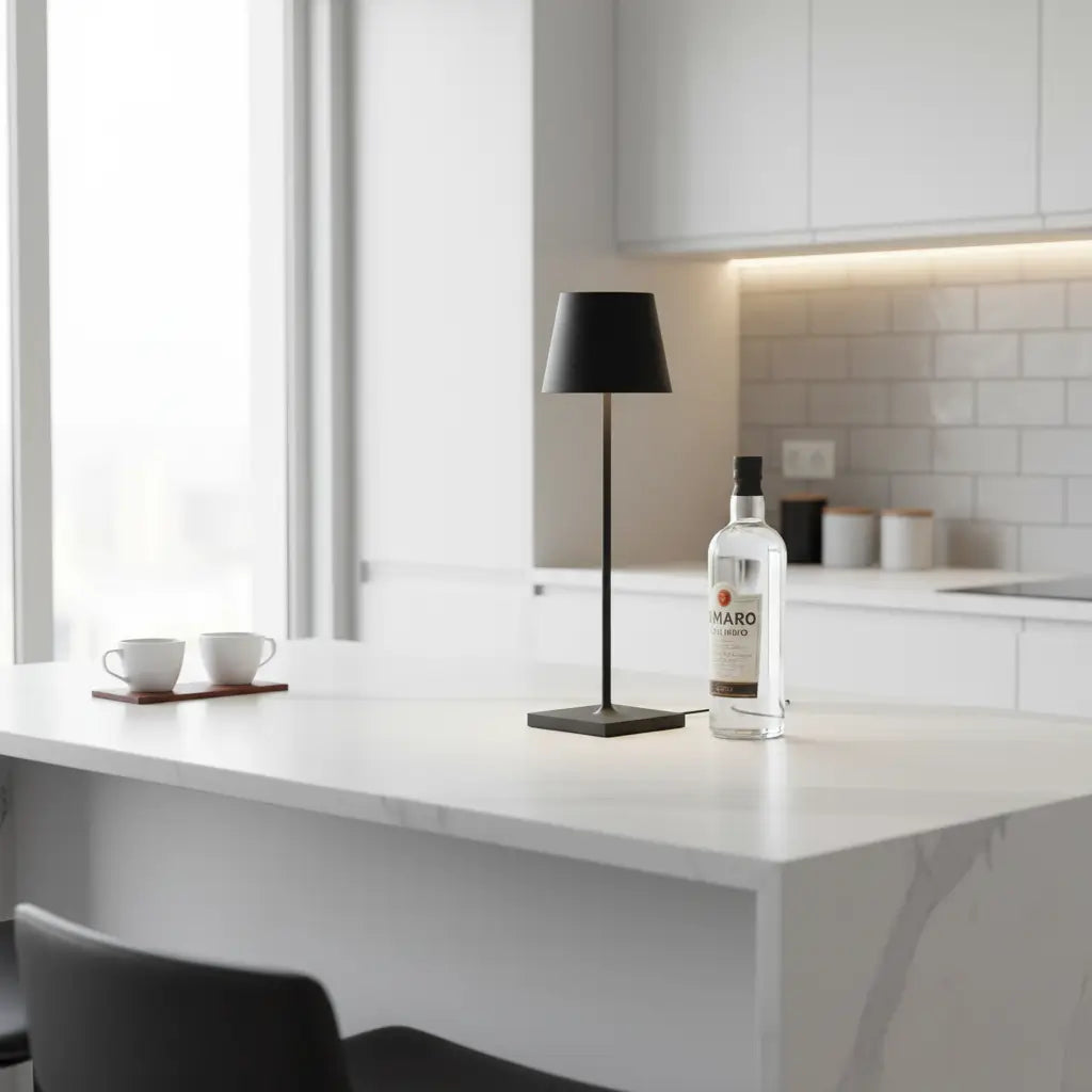 Luminária de mesa preta em uma cozinha clean, sobre uma bancada de mármore branco. A luminária é um ponto de contraste e elegância, ideal para ambientes sociais