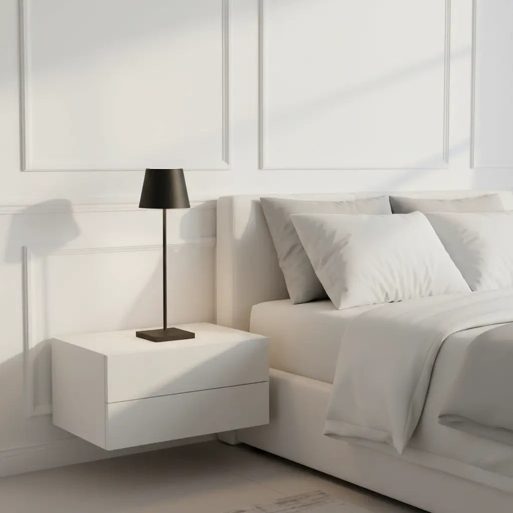 Luminária de mesa preta em um quarto de design minimalista, com mesa de cabeceira e cama brancas, criando um ambiente sofisticado e sereno