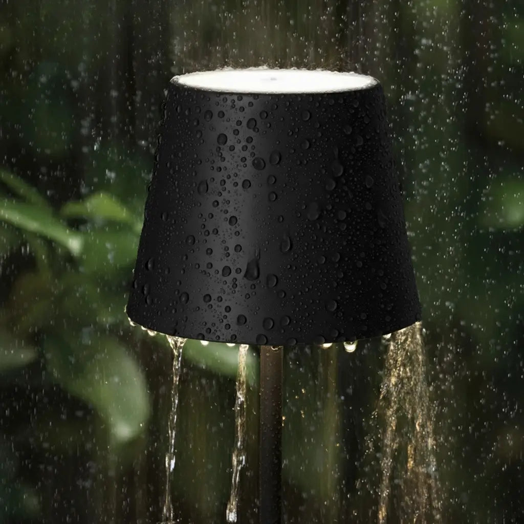 Luminária de mesa preta sendo usada em ambiente externo, com gotas de água escorrendo sobre a cúpula, mostrando sua durabilidade e resistência à água