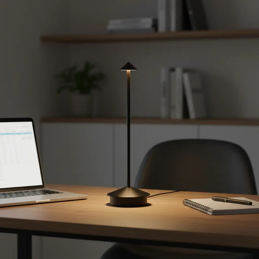 Luminária de mesa sem fio e recarregável em uma mesa de escritório preta, com um laptop e um notebook, usada para iluminação de trabalho e leitura.

