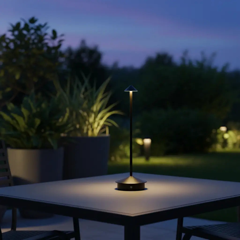 Luminária de mesa portátil na cor preta em um ambiente externo, sobre uma mesa de metal em uma varanda ou pátio ao anoitecer, com luz ambiente suave.







