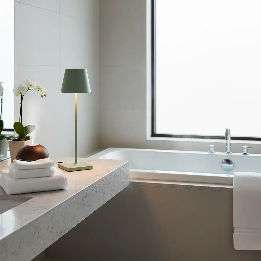 Luminária de mesa verde em um banheiro de luxo, ao lado de uma banheira. A luz suave cria um ambiente relaxante e de spa, perfeito para cuidados pessoais