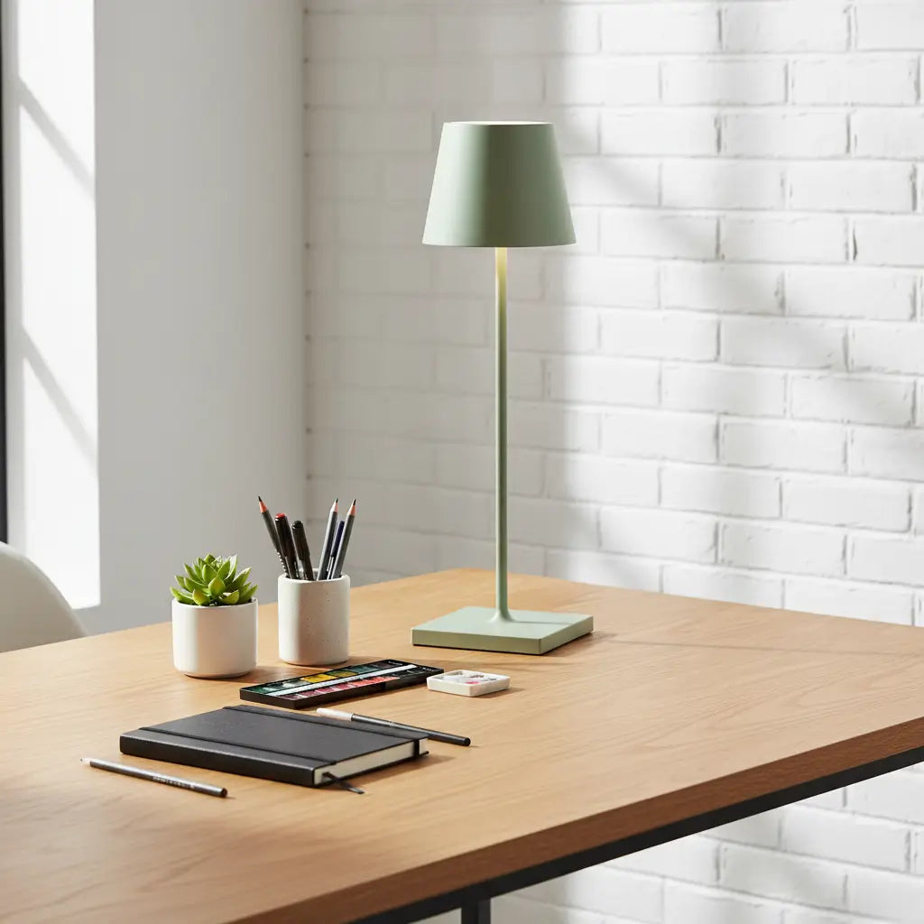 Luminária de mesa verde em um home office minimalista, sobre uma escrivaninha de madeira com materiais de arte e um caderno. A iluminação portátil e recarregável é ideal para criar e trabalhar