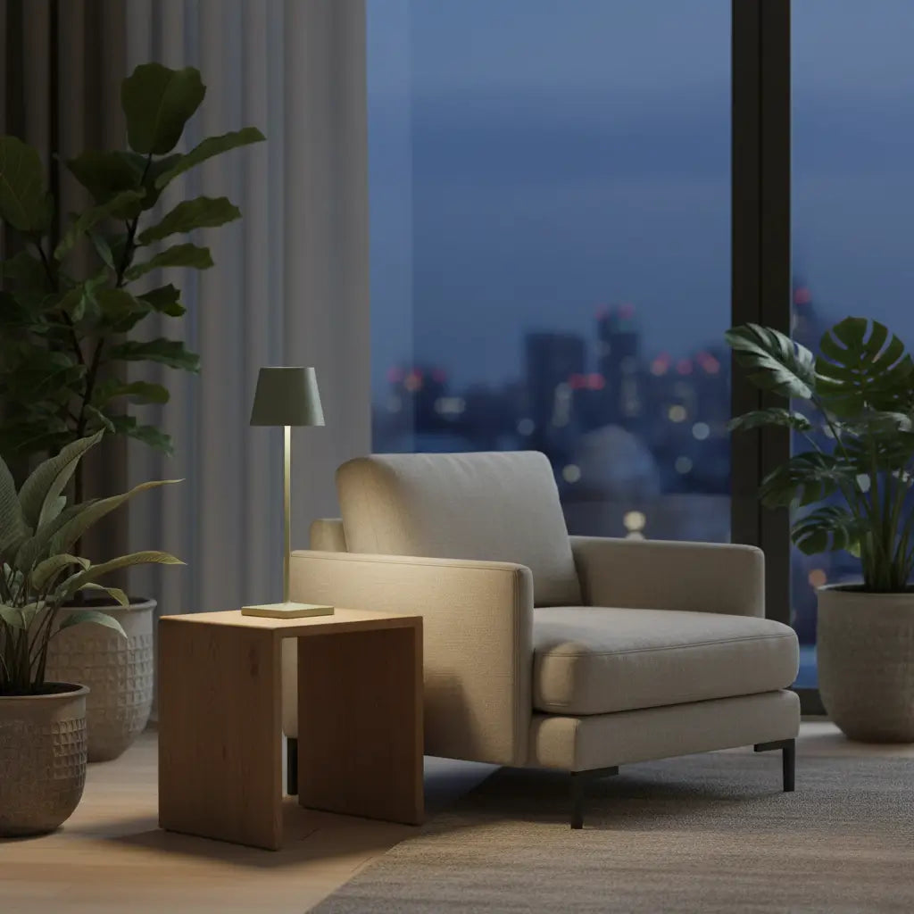 Luminária de mesa verde em um ambiente sereno com plantas e uma poltrona, criando um oásis de calma com a vista da cidade. Ideal para refúgios urbanos