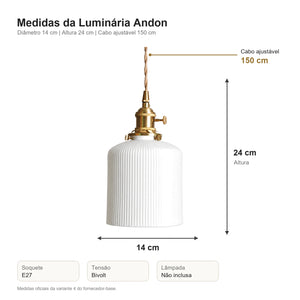 Medidas da Luminária Pendente de Cerâmica Japonesa Andon com diâmetro 14 cm e altura 24 cm