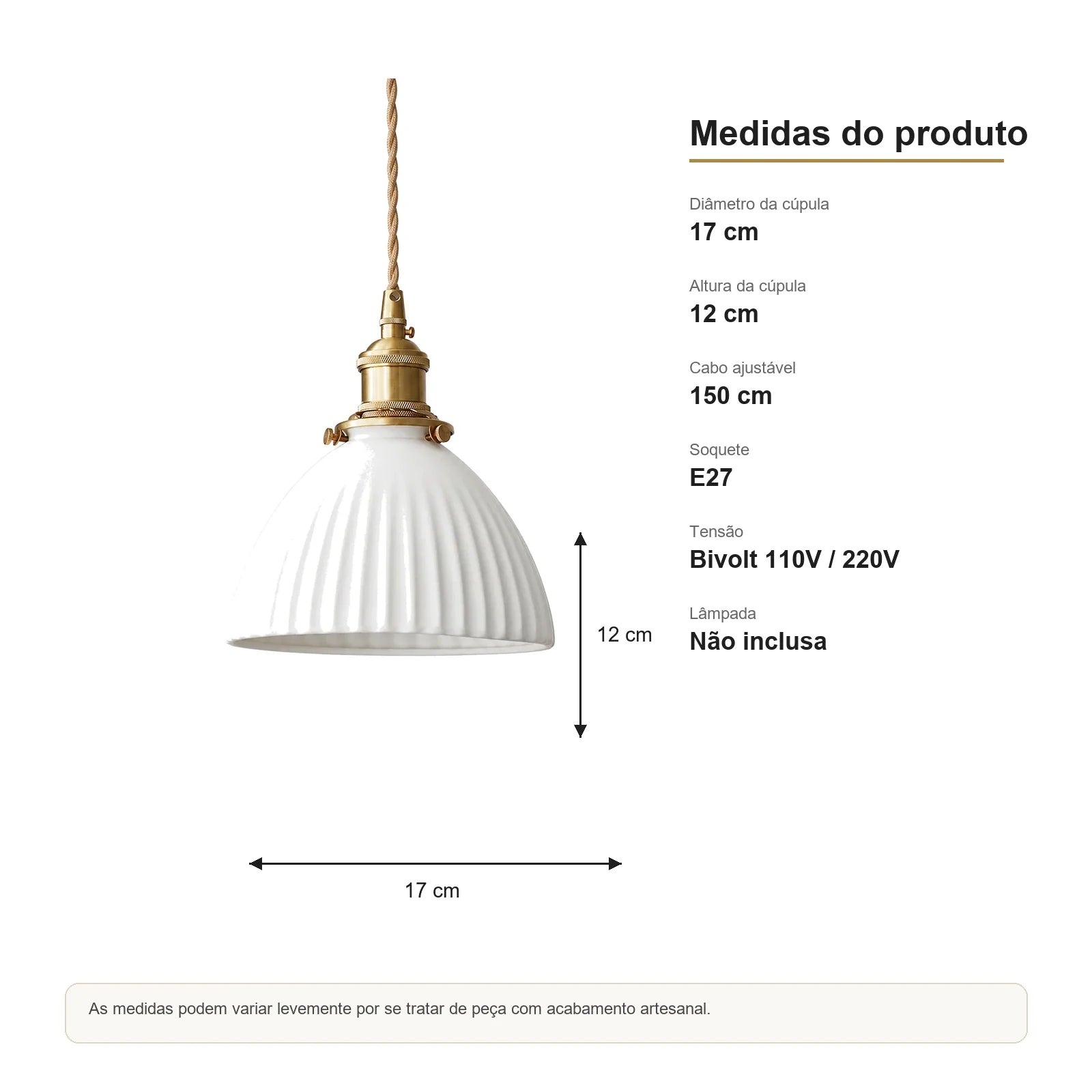 Medidas da Luminária Pendente de Cerâmica Japonesa Kasa com diâmetro 17 cm e altura 12 cm