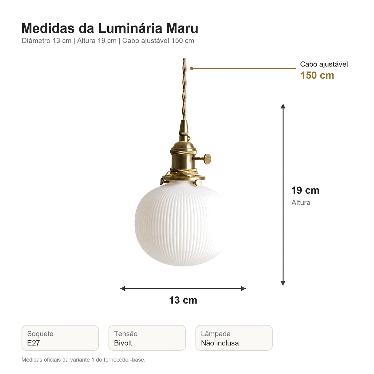 Medidas da Luminária Pendente de Cerâmica Japonesa Maru com diâmetro 13 cm e altura 19 cm