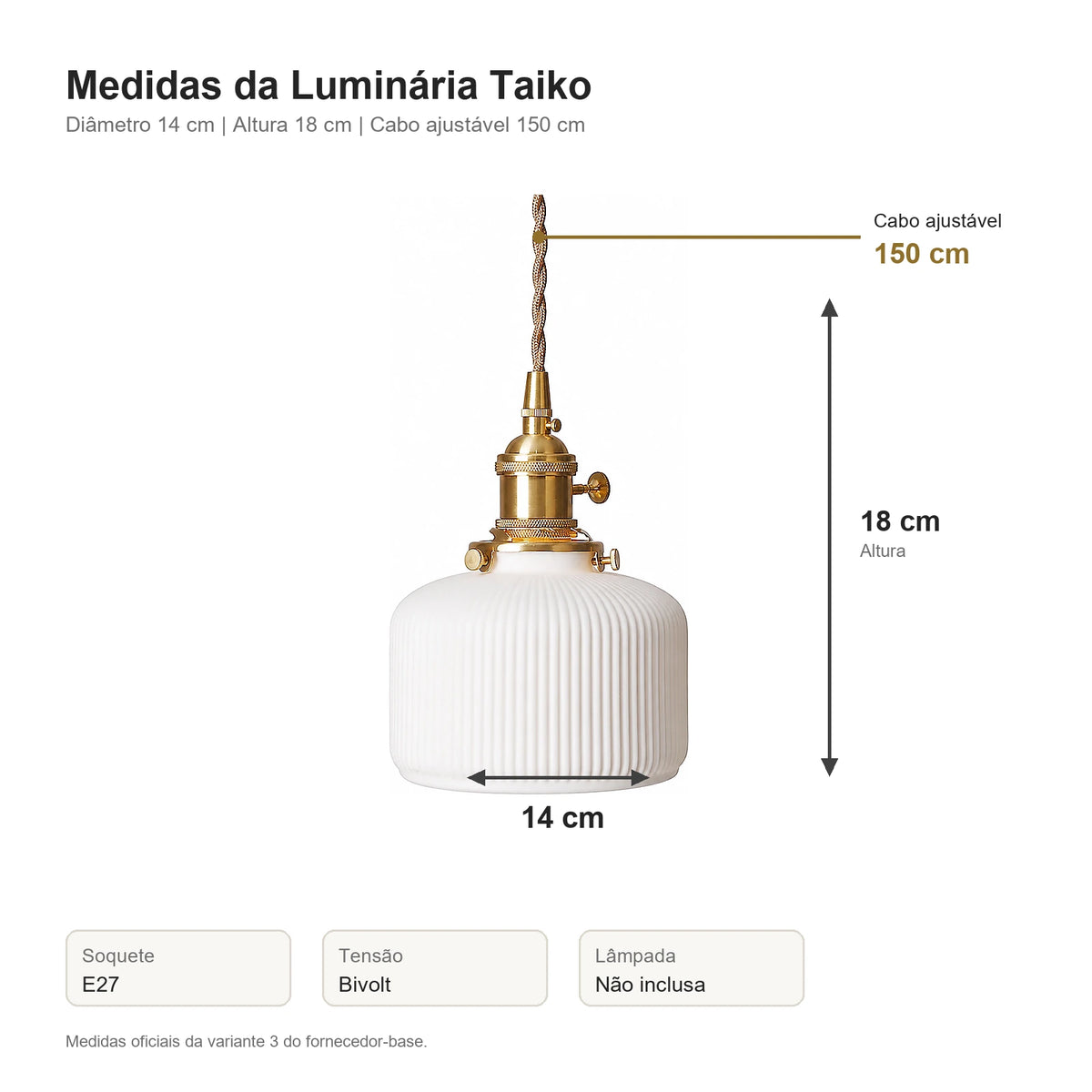 Medidas da Luminária Pendente de Cerâmica Japonesa Taiko com diâmetro 14 cm e altura 18 cm