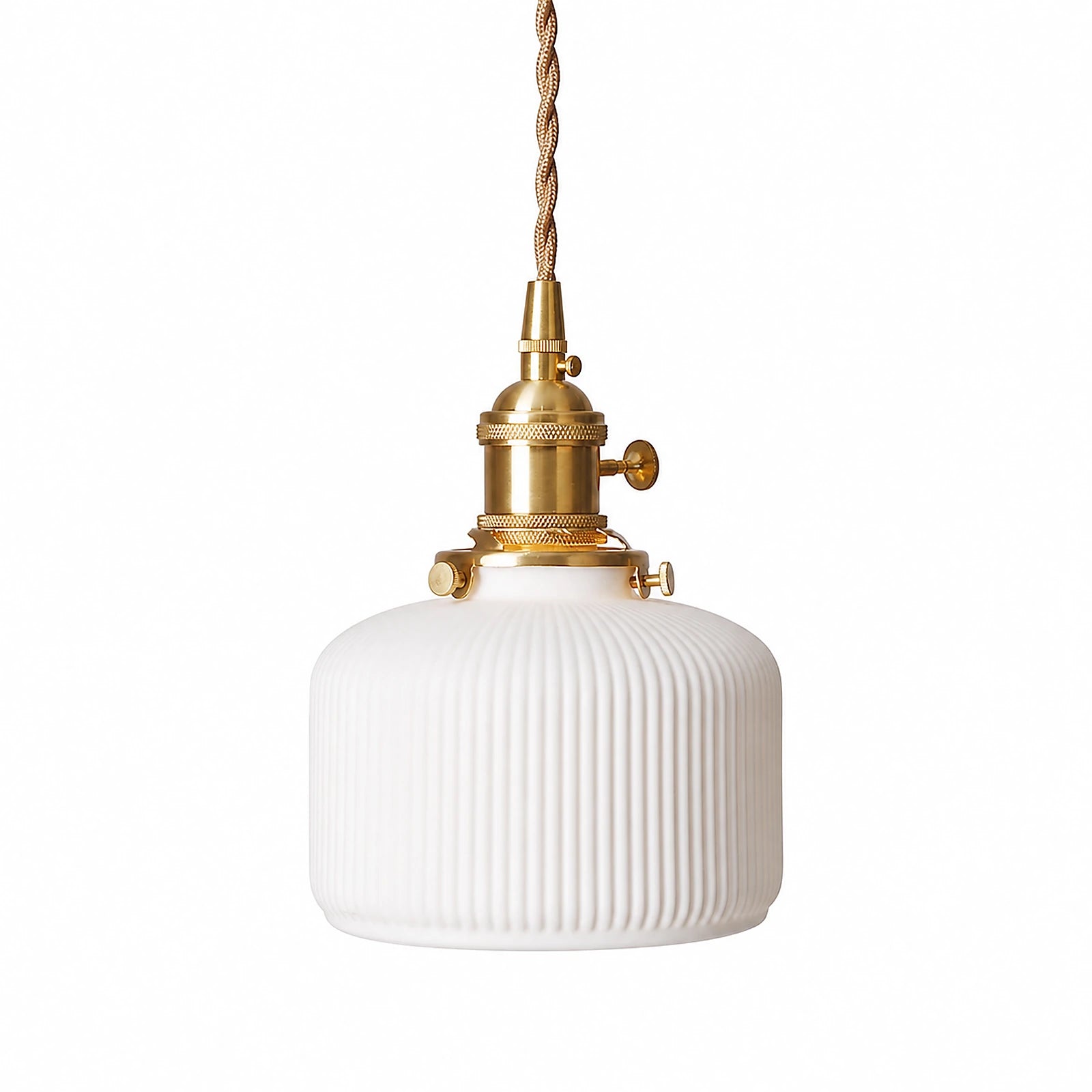Luminária Pendente de Cerâmica Japonesa Taiko em fundo branco com cúpula baixa canelada